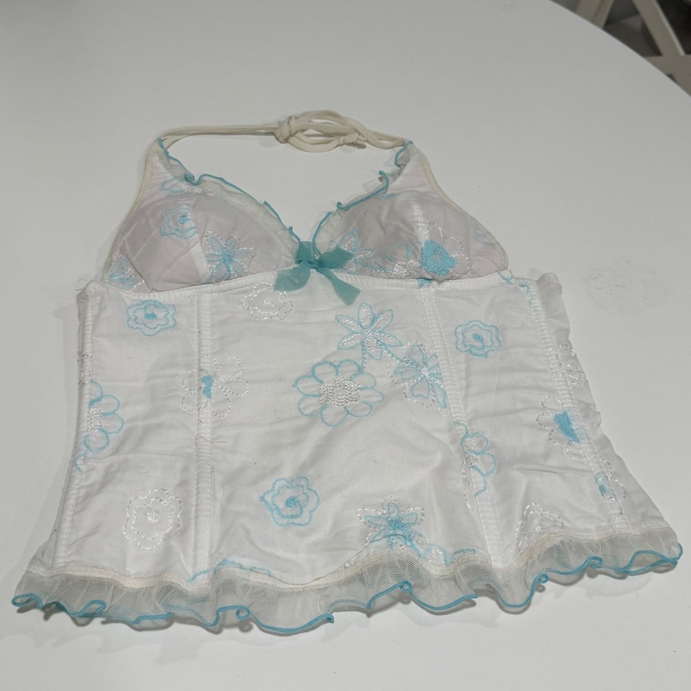 Lormar Made in Italy White Blue Floral Embroidered Halter Corset Top Small